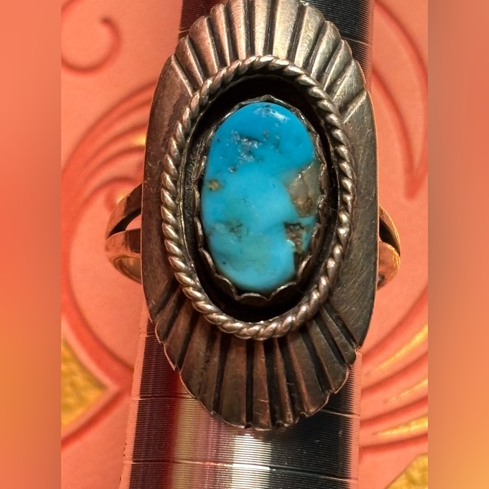 Silver and Vintage Navajo Turquoise 
 Shadowbox style Women's Ring